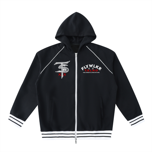 FLYWLKR "T.S.L.N.O" Striped Trim Zip-Up Hoodie