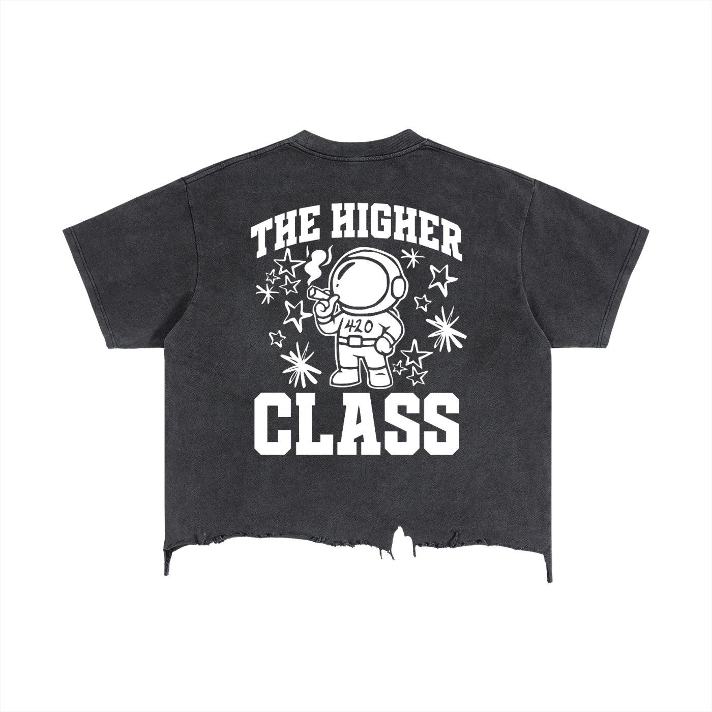 FLYWLKR "THE HIGH CLASS" Vintage Wash Boxy Distressed Hem T-Shirt