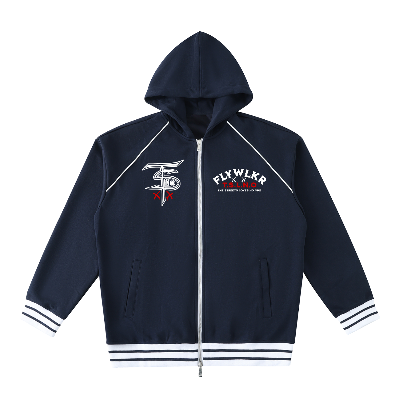 FLYWLKR "T.S.L.N.O" Striped Trim Zip-Up Hoodie