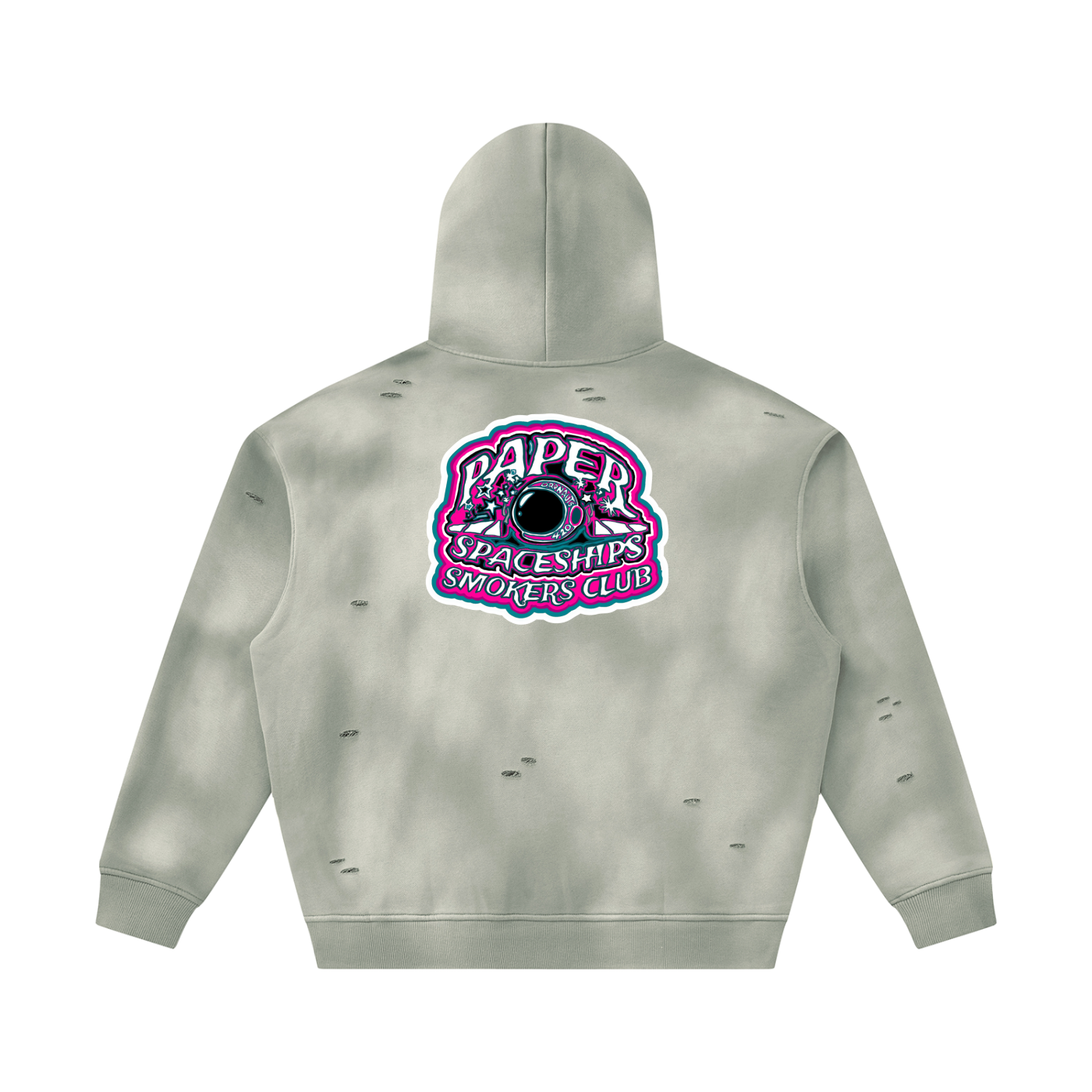 PAPER SPACESHIPS SMOKERS CLUB "U.O.D" Unisex Sunfade Frayed Fleece Hoodie