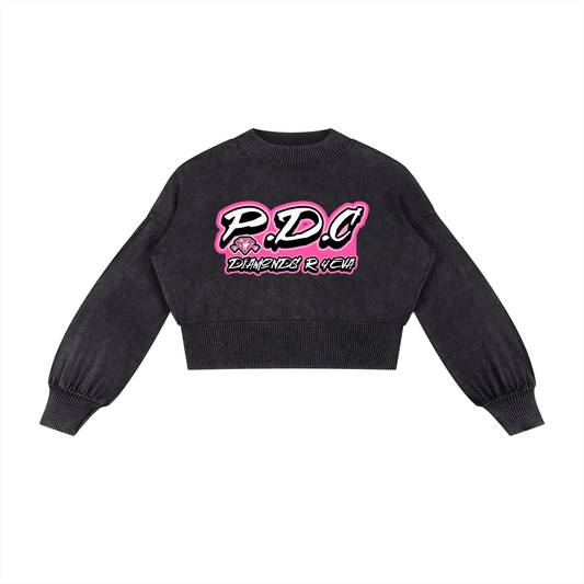 FLYWLKR ORIGINALS "PINK DIAMOND CLUB" Mineral Wash Balloon Sleeve Cropped Sweater