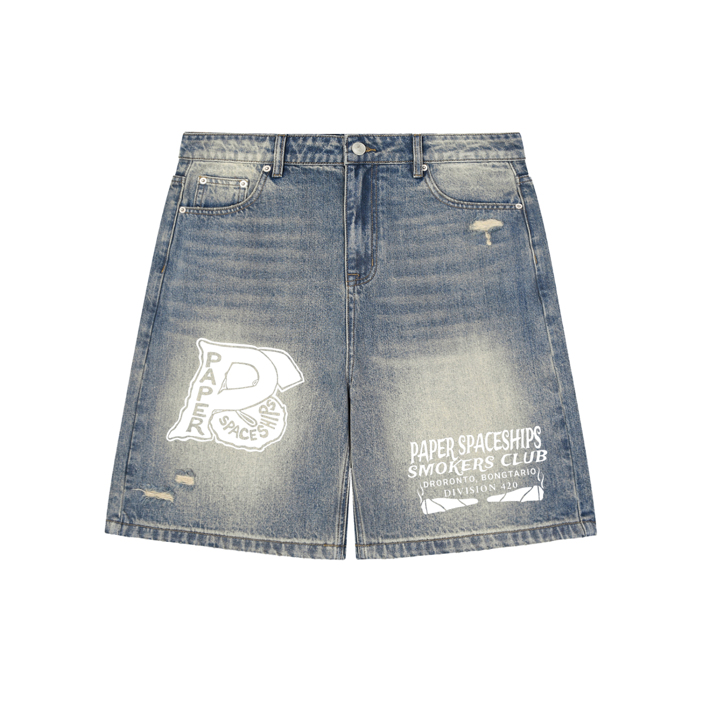 FLYWLKR "PAPER SPACESHIPS" Faded Distressed Baggy Denim Shorts