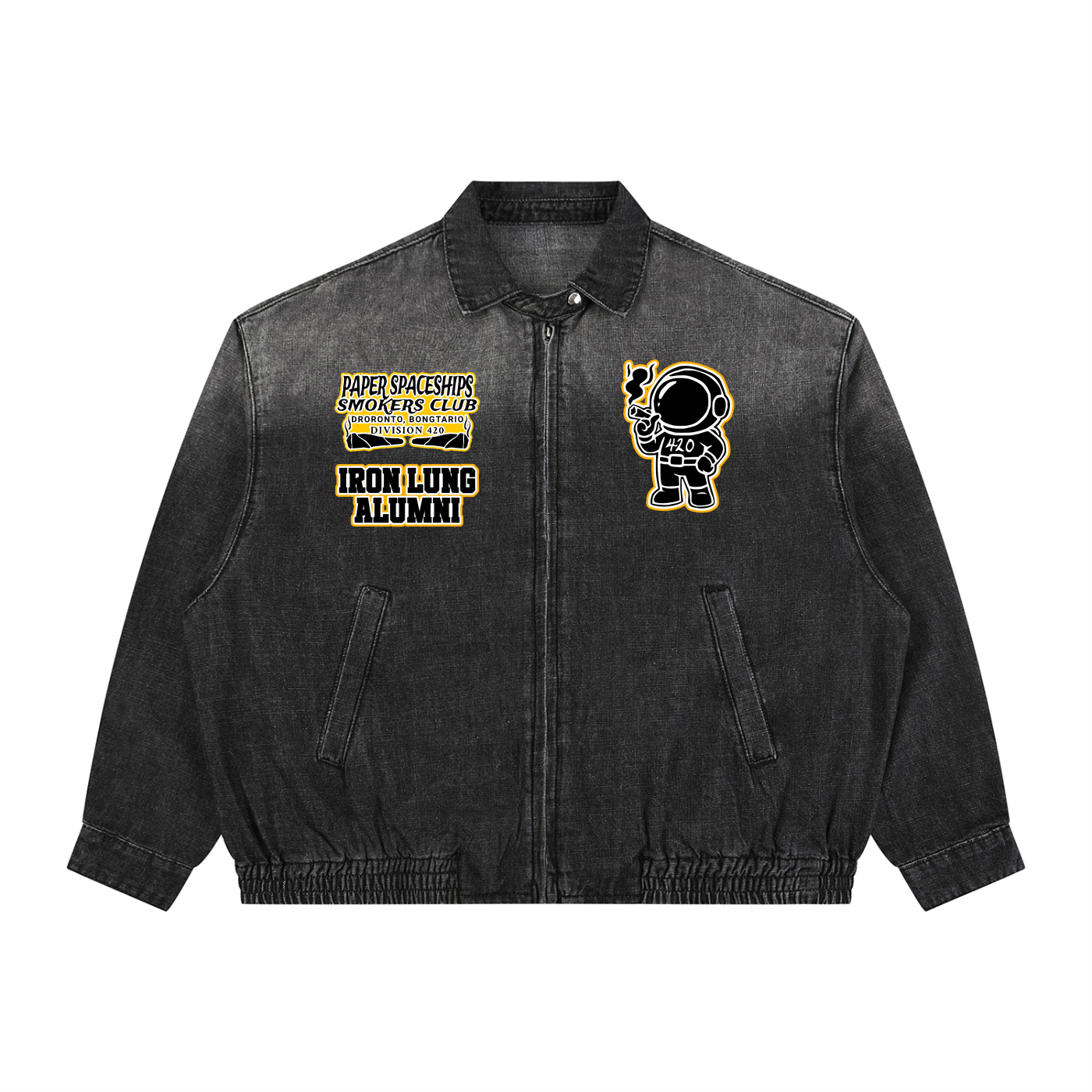 FLYWLKR "PAPER SPACESHIPS" Unisex Vintage Wash Full-Zip Denim Jacket