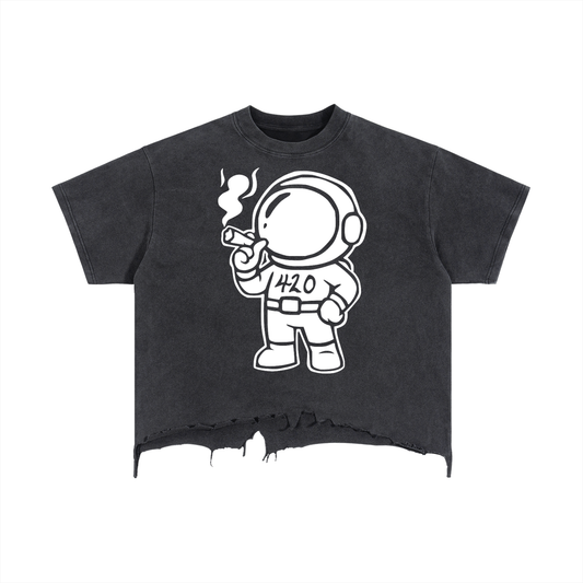 FLYWLKR "THE HIGH CLASS" Vintage Wash Boxy Distressed Hem T-Shirt