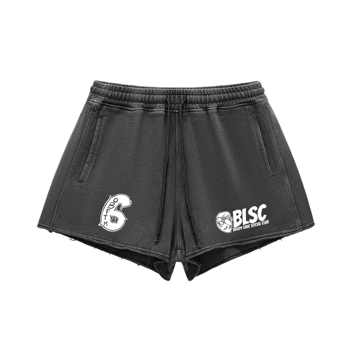 FLYWLKR "BREDY LANE SOCIAL CLUB" Snow Washed Raw Edge Drawstring Shorts