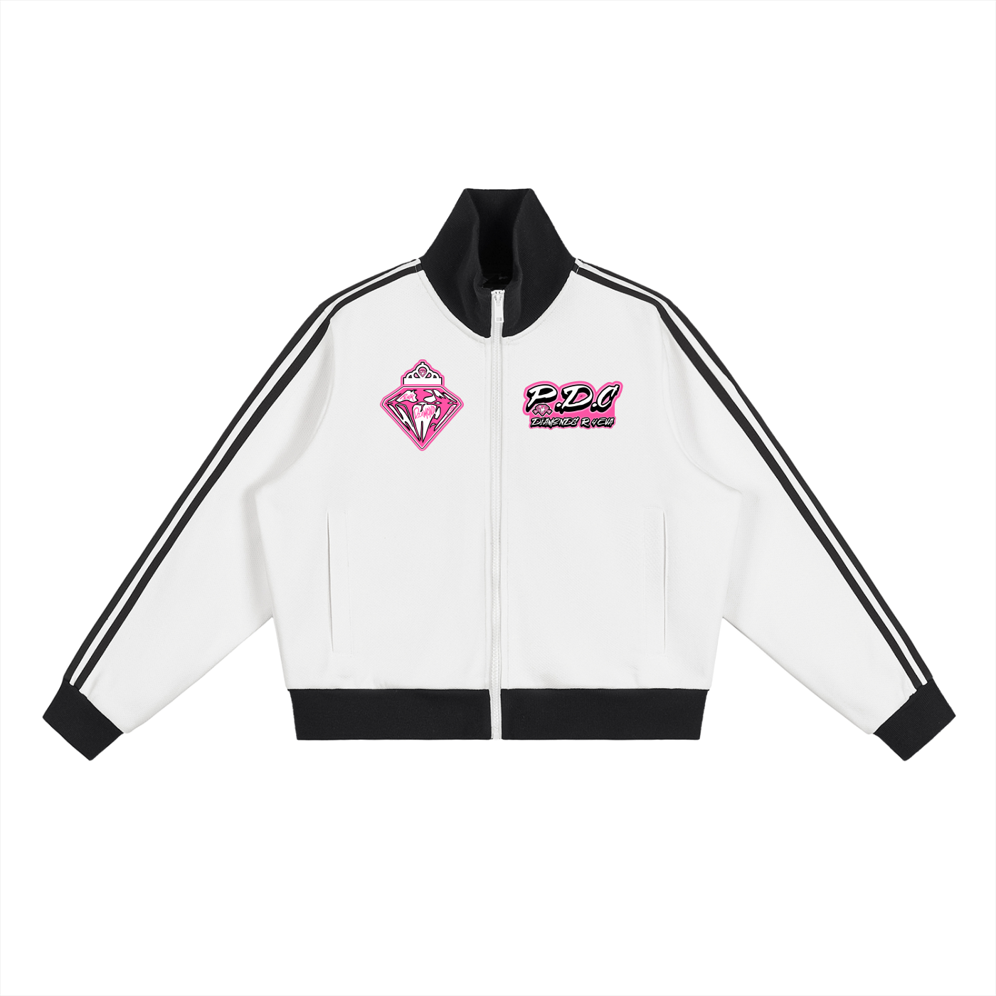 FLYWLKR ORIGINALS "PINK DIAMOND CLUB" Contrast Side Stripe Fleece Cropped Track Jacket