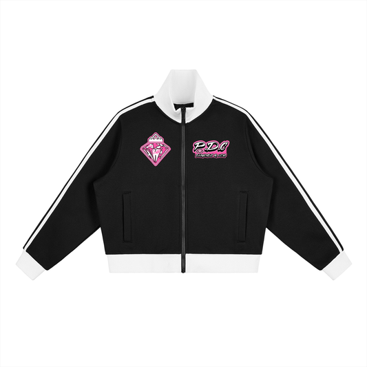 FLYWLKR ORIGINALS "PINK DIAMOND CLUB" Contrast Side Stripe Fleece Cropped Track Jacket