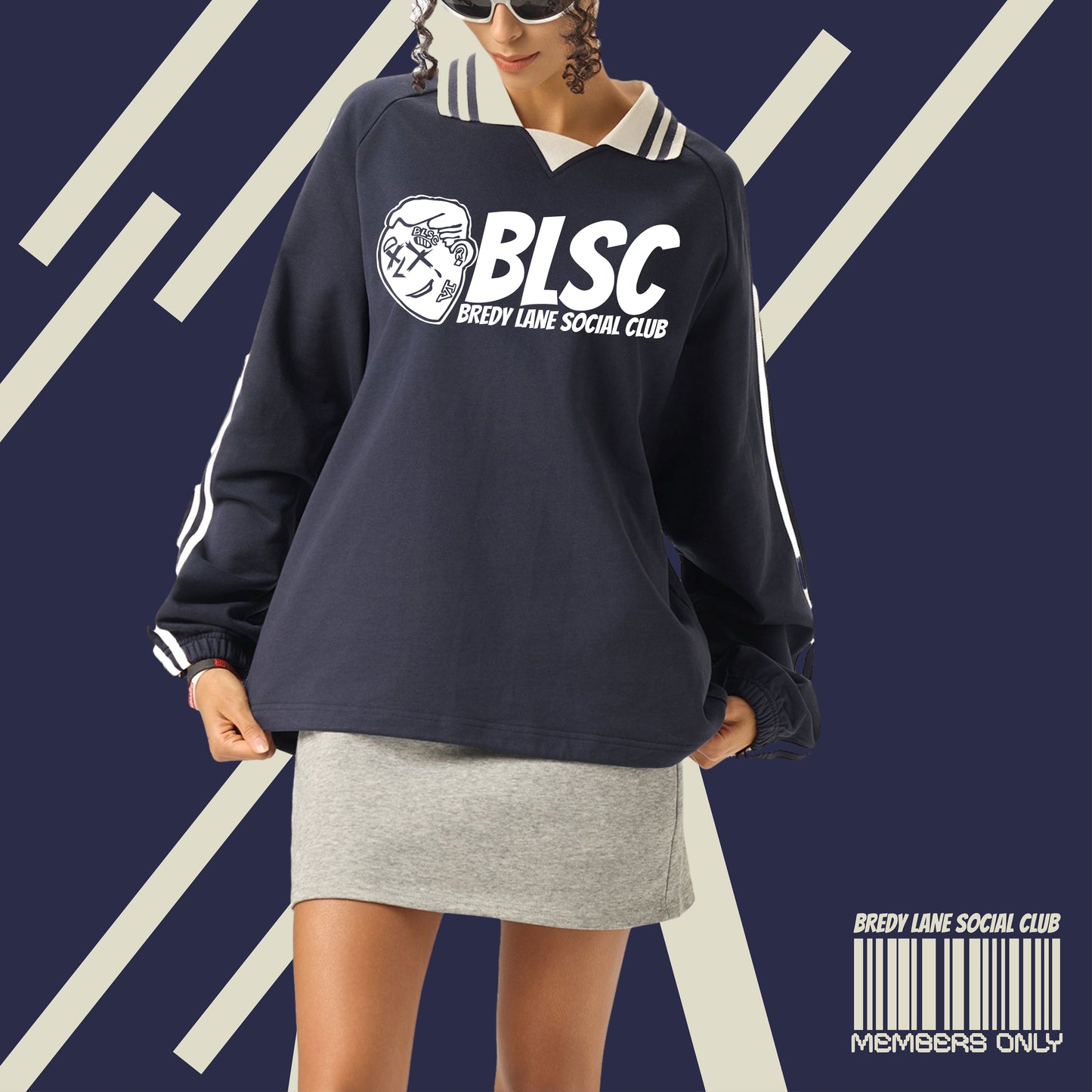 FLYWLKR "BREDY LANE SOCIAL CLUB" Contrast Striped Lapel Collar Sweatshirt