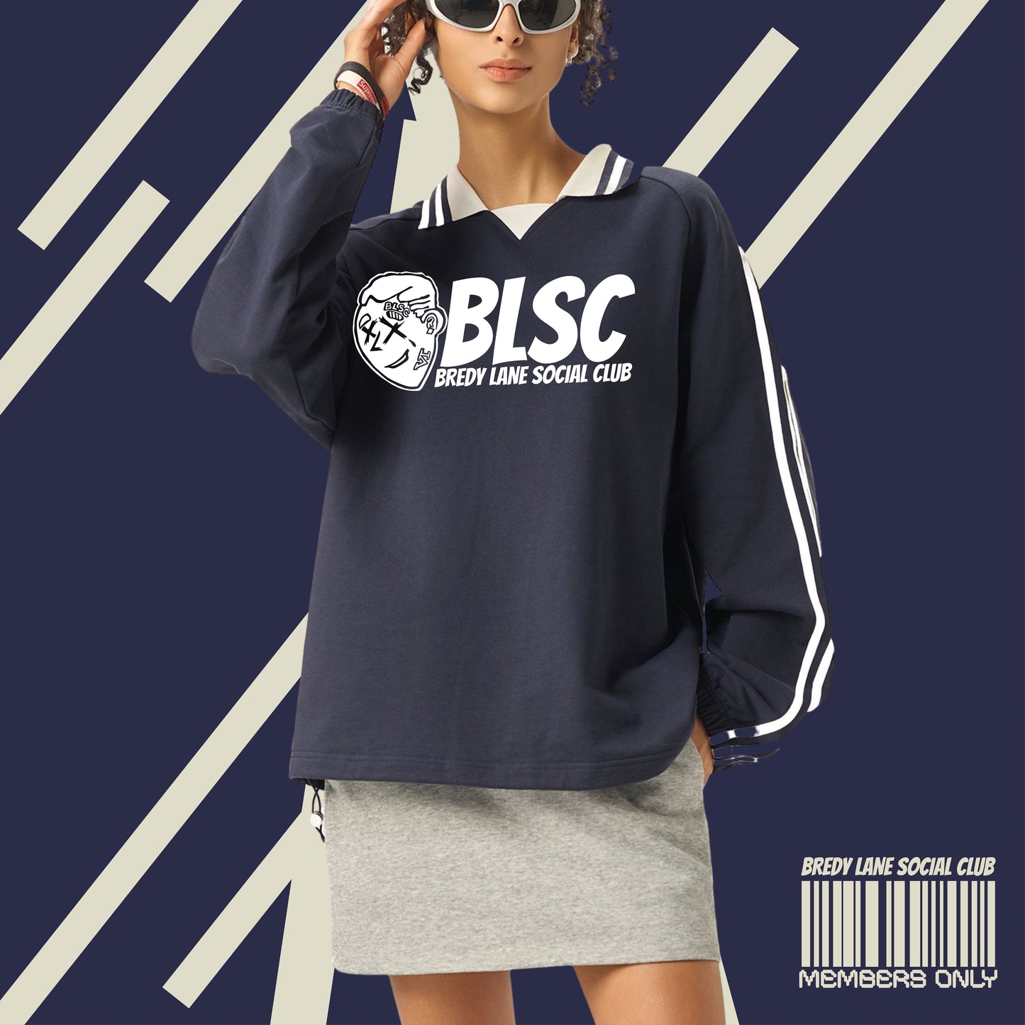 FLYWLKR "BREDY LANE SOCIAL CLUB" Contrast Striped Lapel Collar Sweatshirt