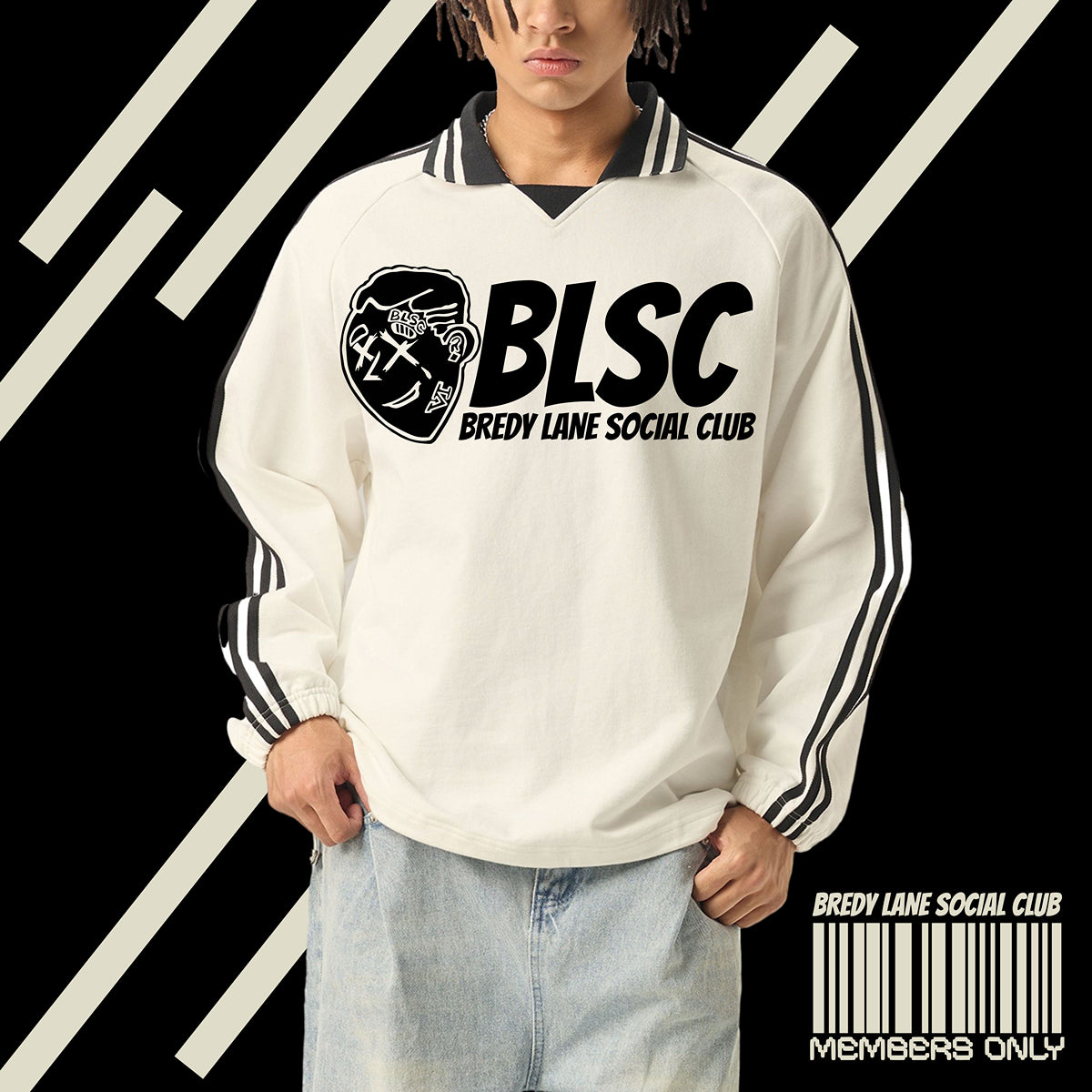FLYWLKR "BREDY LANE SOCIAL CLUB" Contrast Striped Lapel Collar Sweatshirt