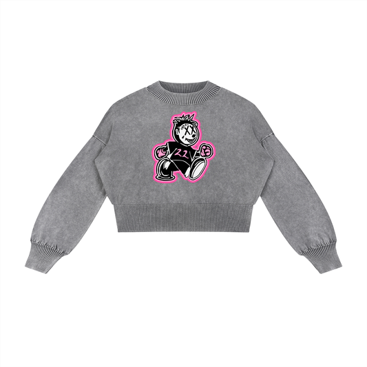 FLYWLKR ORIGINALS "PINK DIAMONDS" Mineral Wash Balloon Sleeve Cropped Sweater