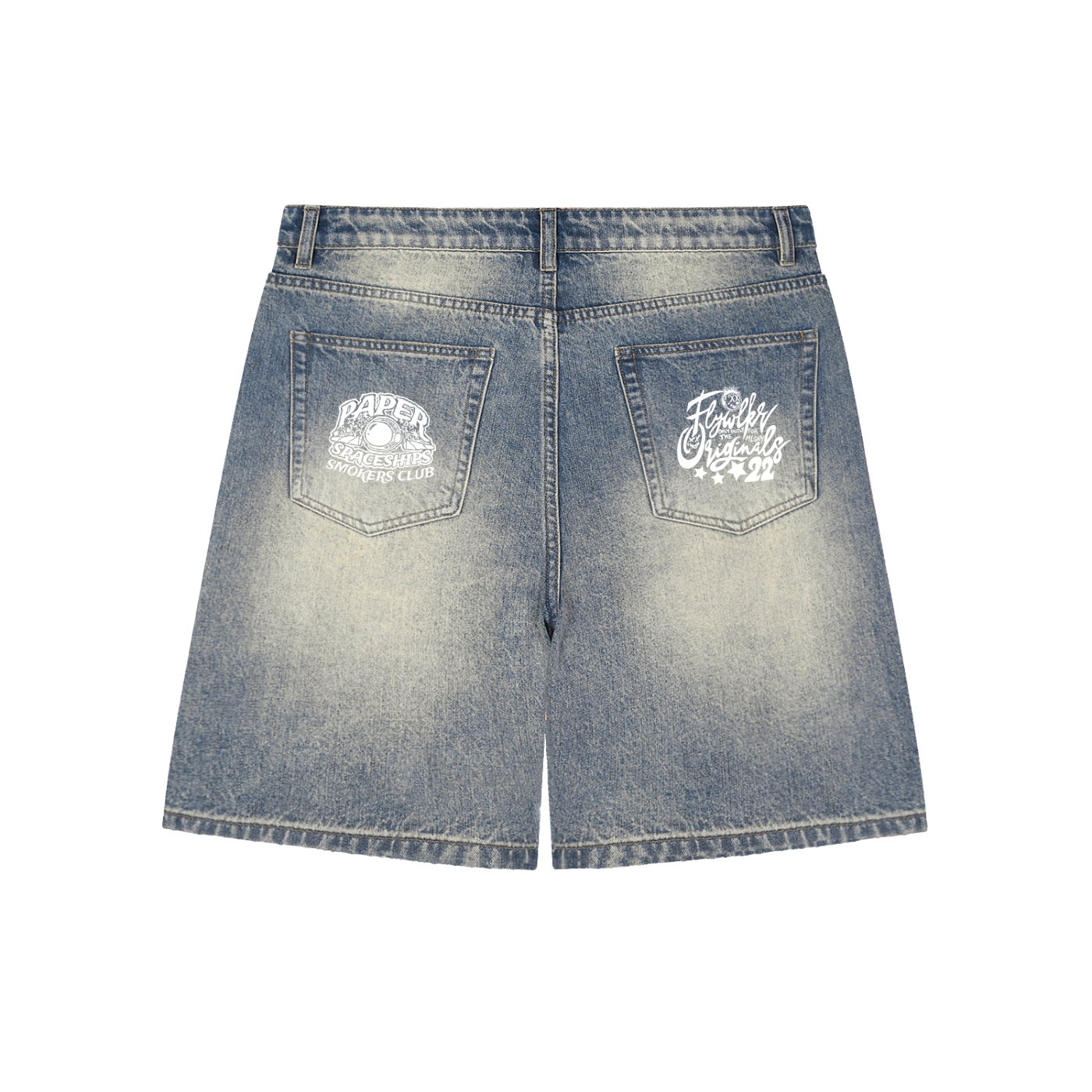 FLYWLKR "PAPER SPACESHIPS" Faded Distressed Baggy Denim Shorts