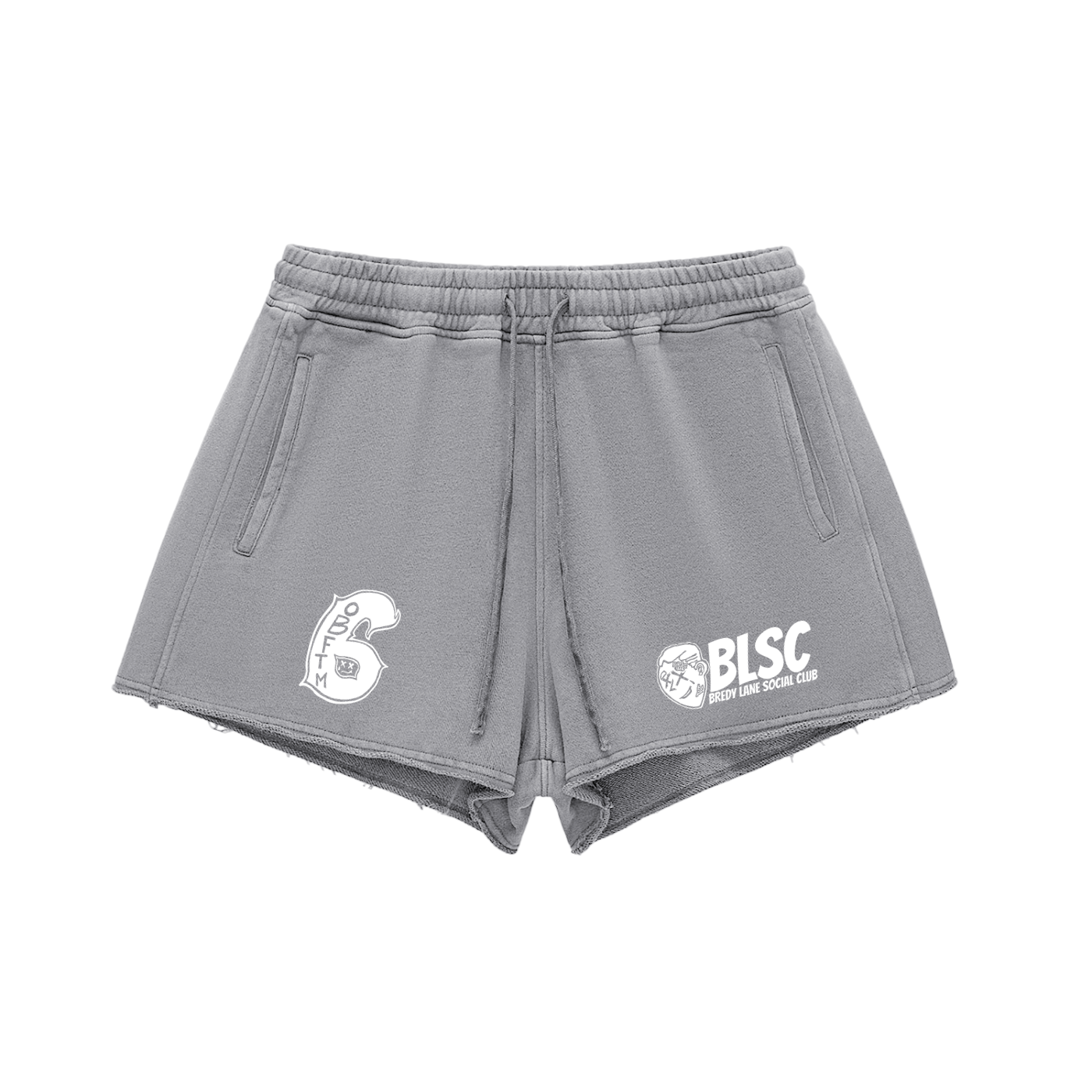 FLYWLKR "BREDY LANE SOCIAL CLUB" Snow Washed Raw Edge Drawstring Shorts