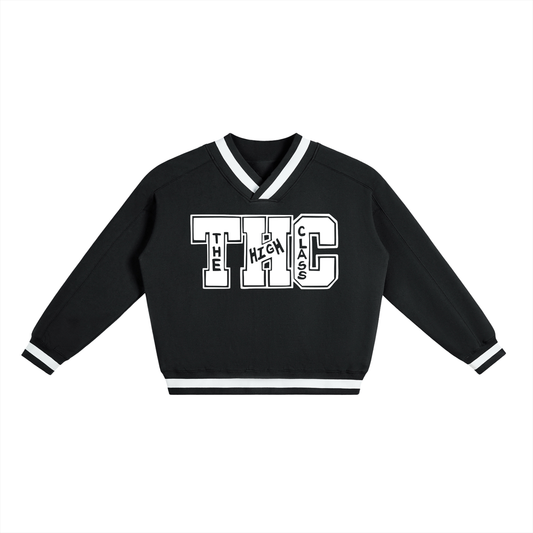FLYWLKR "THE HIGH CLASS" V-Neck Contrast Collar Boxy Sweatshirt