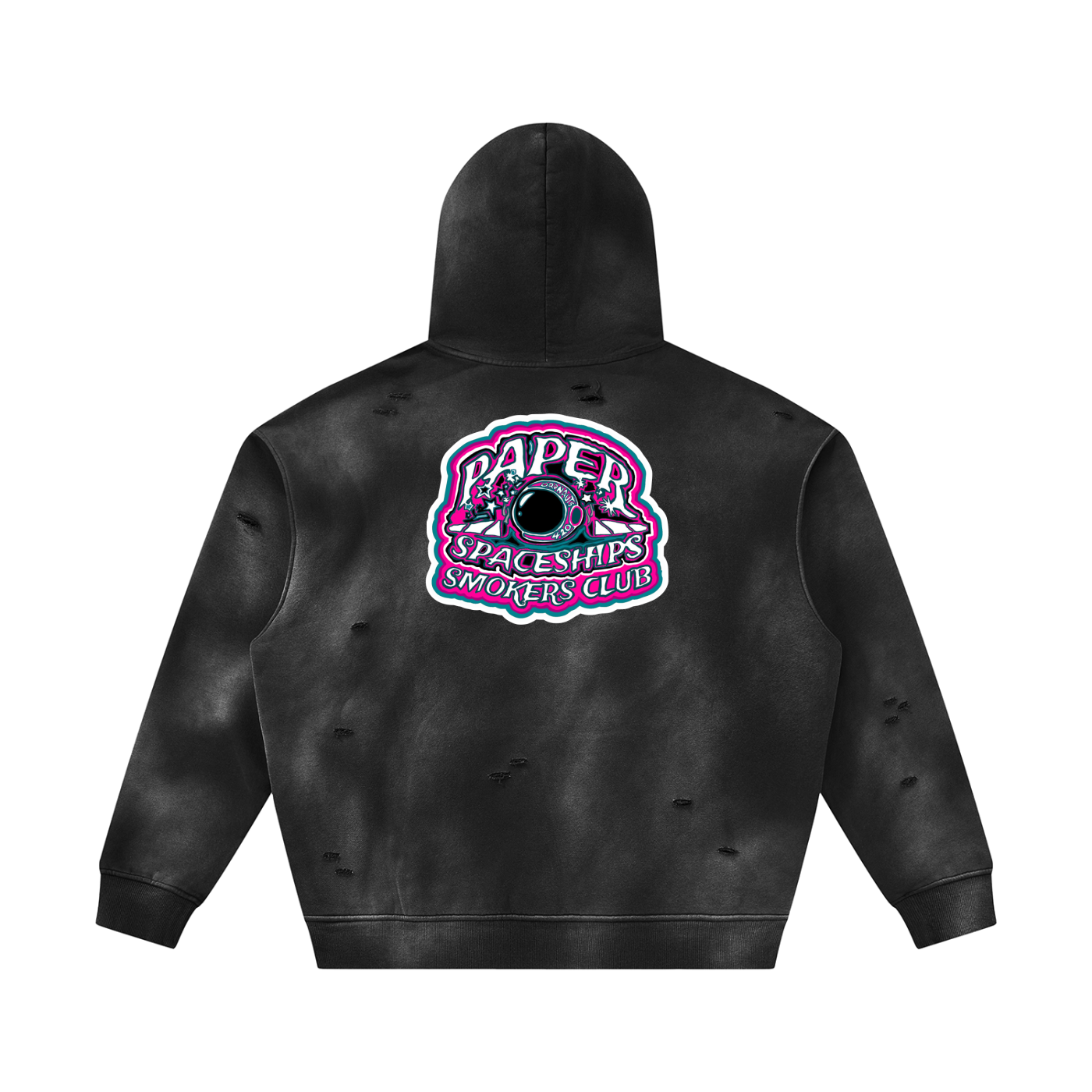 PAPER SPACESHIPS SMOKERS CLUB "U.O.D" Unisex Sunfade Frayed Fleece Hoodie